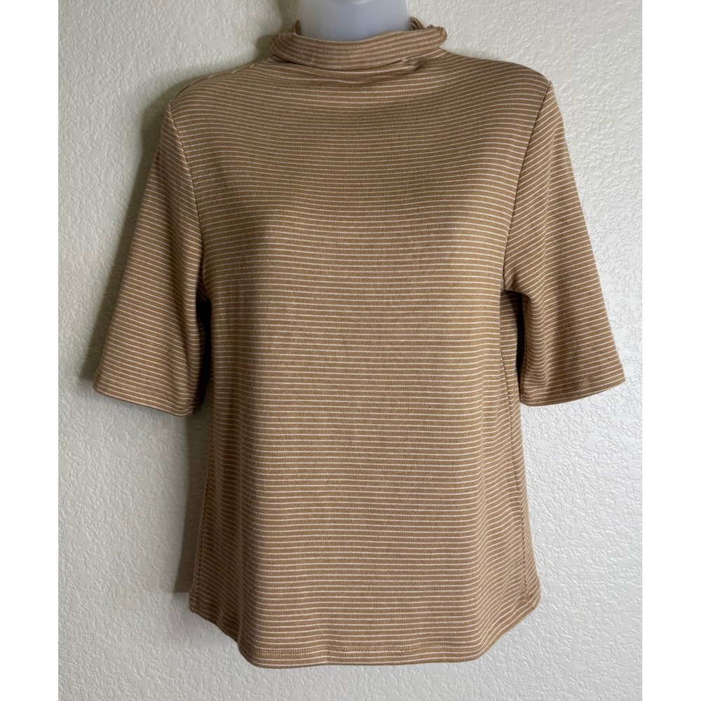 Banana Republic Womens M Mock Neck Top Tan Striped Soft Luxe Elbow Sleeve